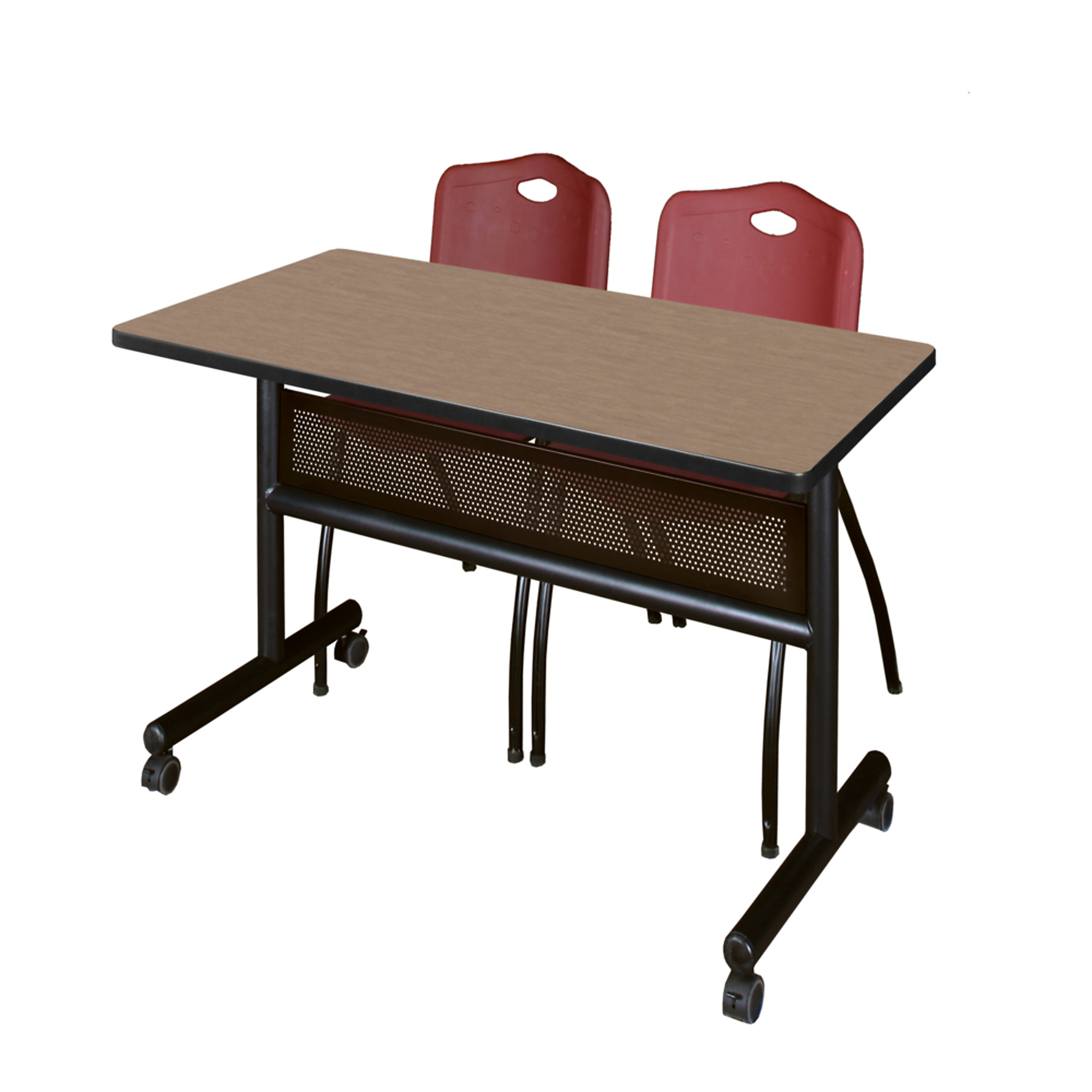 Regency Kobe Flip-Top Privacy Nesting Table Set — 48in. x 24in., Noble Oak, 2 Burgundy Stack Chairs, Model# MKFTM4824NO47BY